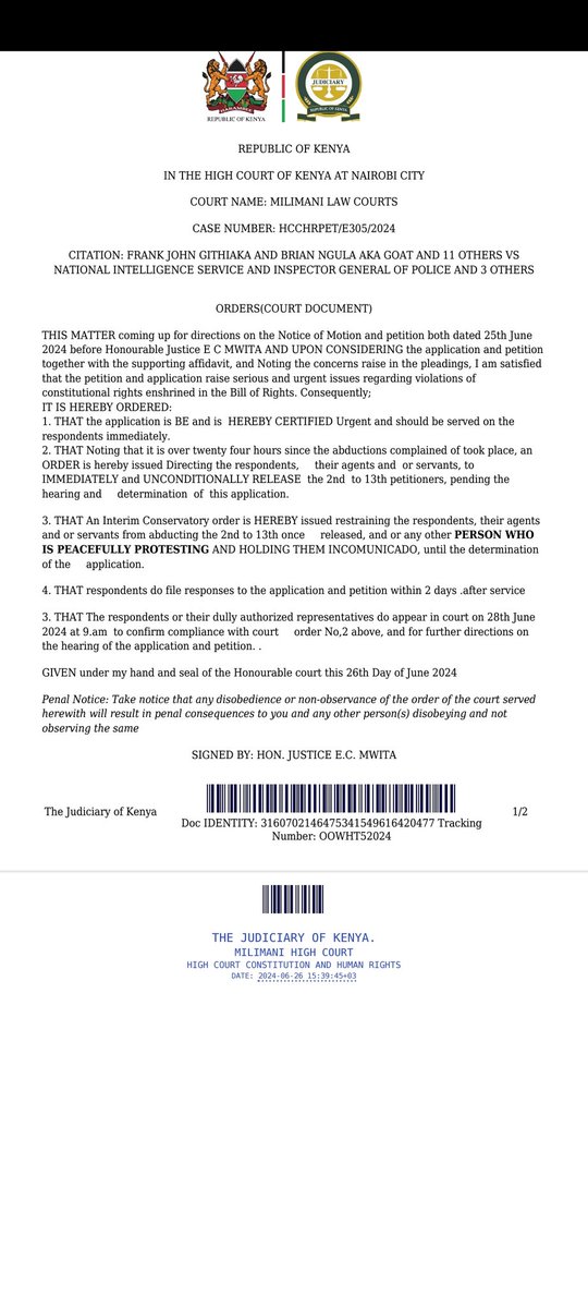 joshuamalidzo's tweet photo. #hotoffthebench
The High Court of Kenya (Justice Chacha Mwita) directs the National intelligence Service and Inspector General of Police to release the Petitioners and issues a Conservatory order prohibiting the state from abducting anyone for peacefully picketing.
The Kenya HC😍 https://t.co/oldwZYATgP