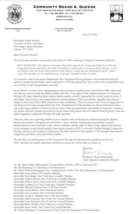 On Tuesday June 18 Queens Community Board 6 voted to send a letter to <a href="/GovKathyHochul/">Governor Kathy Hochul</a> asking her to immediately end her "pause" of the #CongestionPricing Toll and allow it to be implemented as originally scheduled on June 30, 2024.