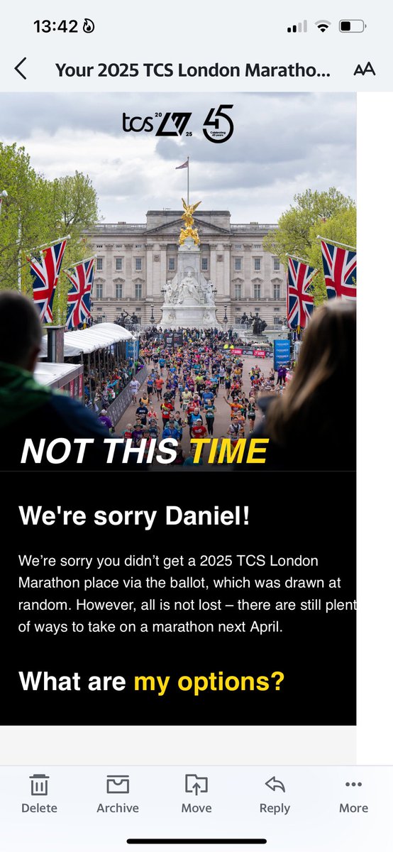 2 years on the bounce I’ve received this email!
Bollocks!
Shall I train like I got in and just run the distance at home?
Or choose another event?
#londonmarathon2025