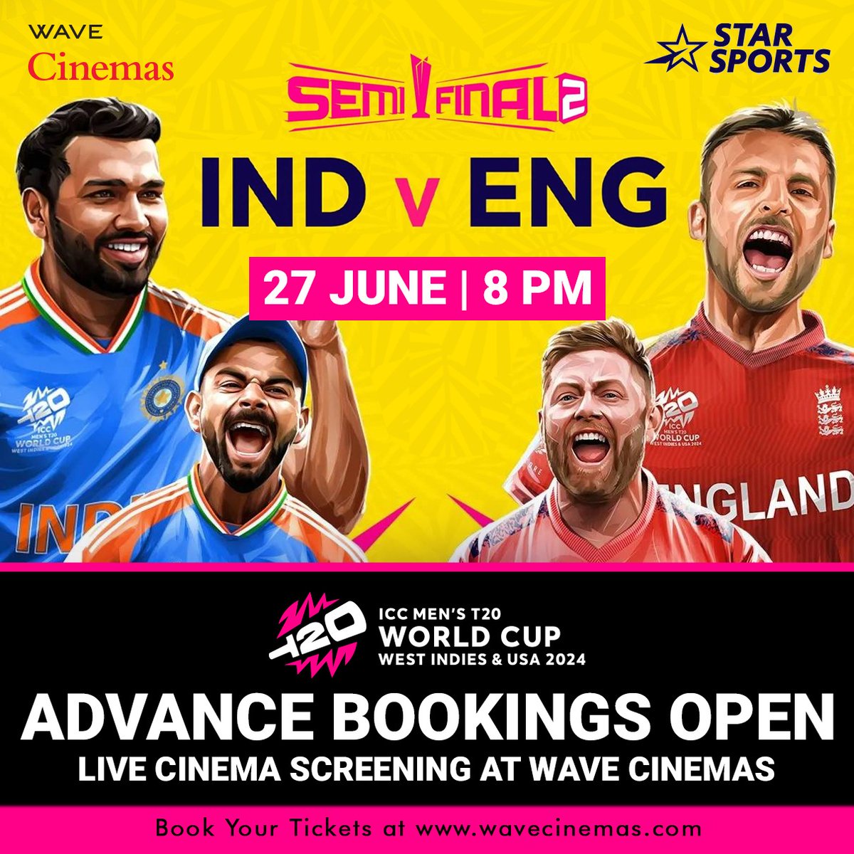 Wave_Cinemas's tweet image. Witness the Legendary Contest as these titans clash!
Watch the India Vs England cricket battle, live cinema screening at #wavecinemas on 27th June 2024 at 8:00 PM.

ADVANCE BOOKINGS ARE OPEN

Book your tickets at wavecinemas.com

#ICCMensCricketWorldCup #MensT20