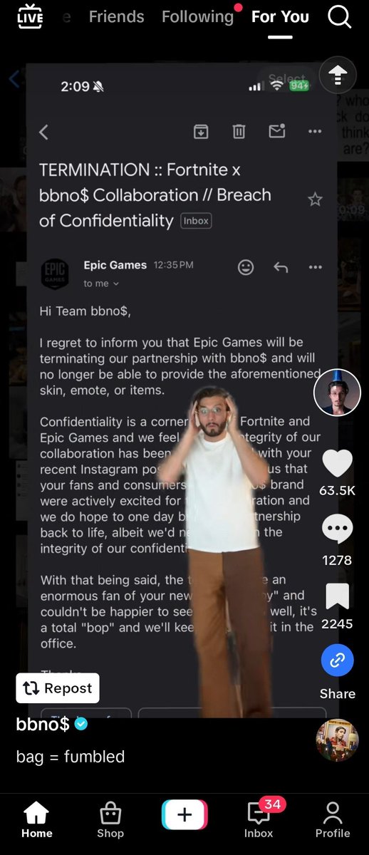 If y'all ever feel like you screwed up bad at work: remember that <a href="/bbnomula/">bbno$ 👶🚫💰</a> got his Fortnite emote canceled bc he leaked his emails with Epic 😭.

<a href="/FortniteGame/">FortniteGame</a> my boy don't deserve this injustice