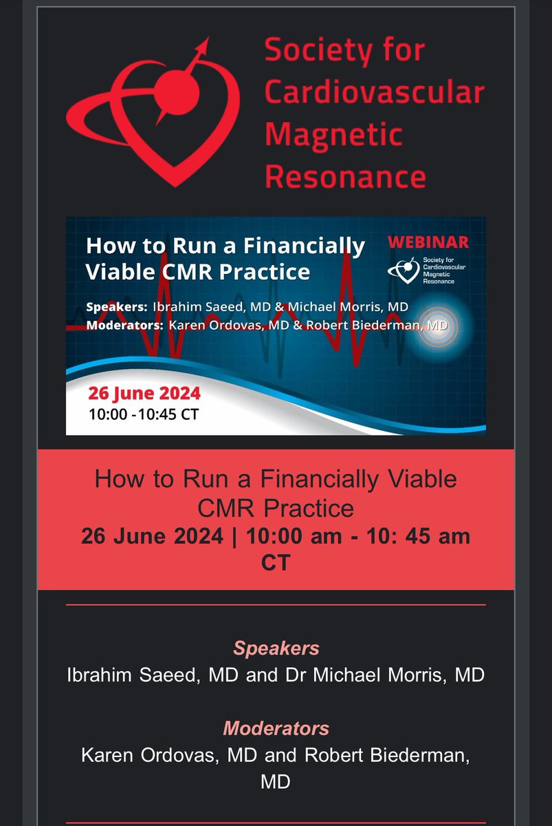 Vineeta Ojha (@vineetao17) on Twitter photo #whyCMR Webinar alert! “How to run a financially viable CMR practice”. Register here-us02web.zoom.us/webinar/regist…
Learn about the <a href="/SCMRorg/">Society for Cardiovascular Magnetic Resonance</a> #whyCMR billing toolkit and service coding as well.
<a href="/karen_ordovas/">Karen Ordovas</a> <a href="/IbrahimMSaeed1/">Ibrahim M Saeed MD FACC</a> <a href="/purviparwani/">Dr. Purvi Parwani</a> <a href="/DrJenniferCo_Vu/">Jennifer Co-Vu, MD, FACC, FAAP, FASE</a> <a href="/chiarabd/">C Bucciarelli-Ducci</a> <a href="/vass_vassiliou/">Vass Vassiliou</a> #whyCMR Webinar alert! “How to run a financially viable CMR practice”. Register here-us02web.zoom.us/webinar/regist…
Learn about the <a href="/SCMRorg/">Society for Cardiovascular Magnetic Resonance</a> #whyCMR billing toolkit and service coding as well.
<a href="/karen_ordovas/">Karen Ordovas</a> <a href="/IbrahimMSaeed1/">Ibrahim M Saeed MD FACC</a> <a href="/purviparwani/">Dr. Purvi Parwani</a> <a href="/DrJenniferCo_Vu/">Jennifer Co-Vu, MD, FACC, FAAP, FASE</a> <a href="/chiarabd/">C Bucciarelli-Ducci</a> <a href="/vass_vassiliou/">Vass Vassiliou</a>