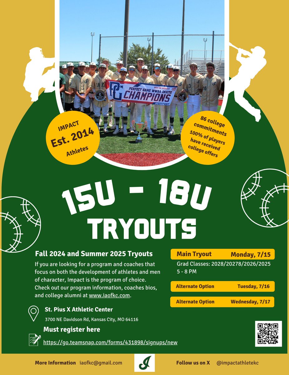 Tryouts for new HS players have been set for Fall 2024 and Summer 2025 programs: Monday July 15th, 2024. Please visit our website at iaofkc.com to learn more about our coaches, alumni, program information, schedules, etc. Register here: shorturl.at/CBbfi