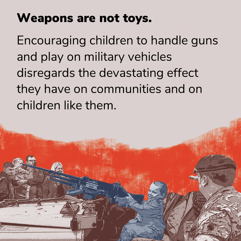 Kids playing with real-life weapons is not normal behaviour!

On #ArmedForcesDay2024 sites across the UK will let children play with weapons under the guise of 'family fun'.

Get in touch if you'd like to help us challenge this mail@ppu.org.uk
ppu.org.uk/militarism/wha…
<a href="/ForcesWatch/">ForcesWatch</a>