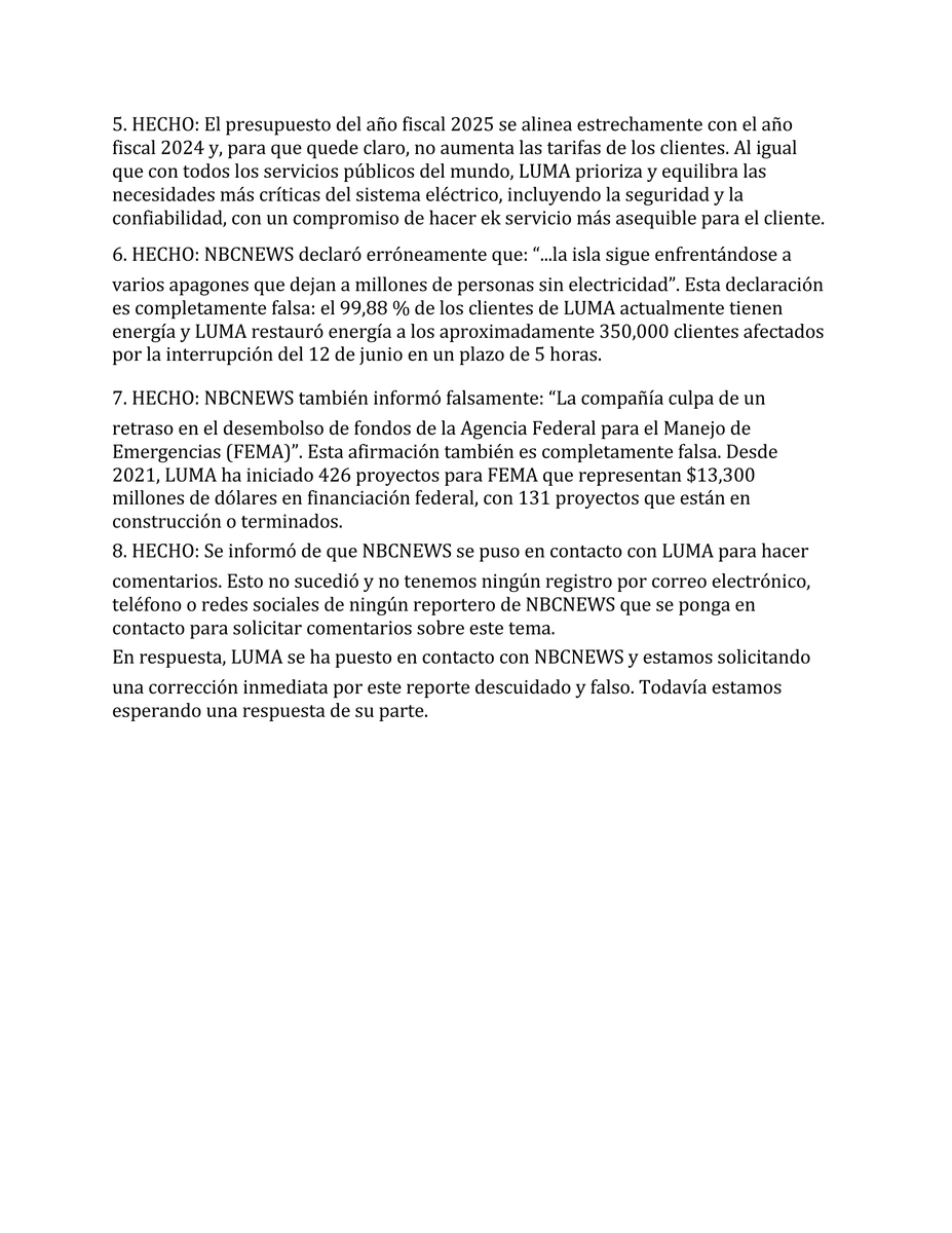 lumaenergypr's tweet photo. DECLARACIONES DE LUMA SOBRE NOTICIA DE NBC NEWS / LUMA STATEMENT ON NBC NEWS ARTICLE https://t.co/WTn7olR4f4