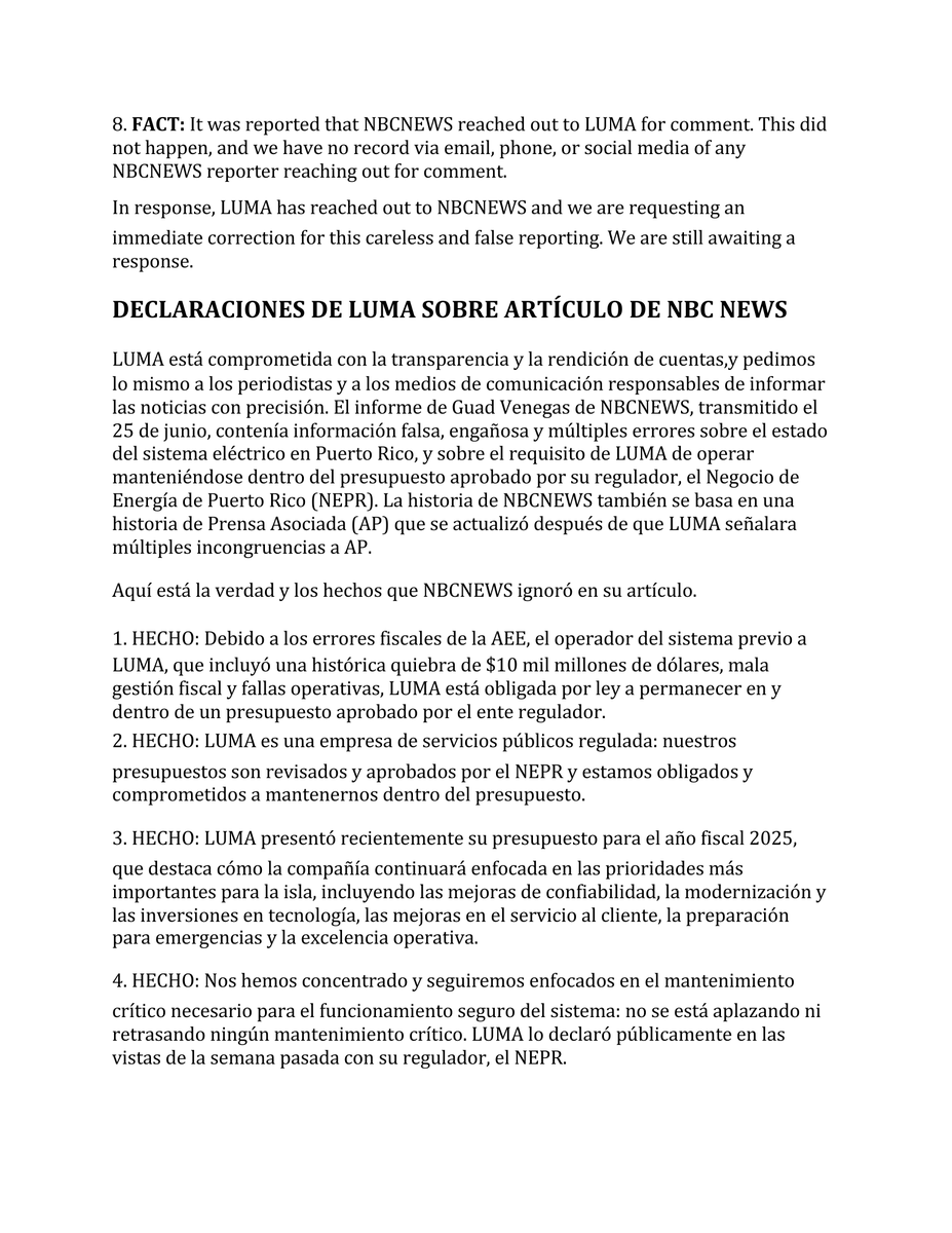 lumaenergypr's tweet photo. DECLARACIONES DE LUMA SOBRE NOTICIA DE NBC NEWS / LUMA STATEMENT ON NBC NEWS ARTICLE https://t.co/WTn7olR4f4