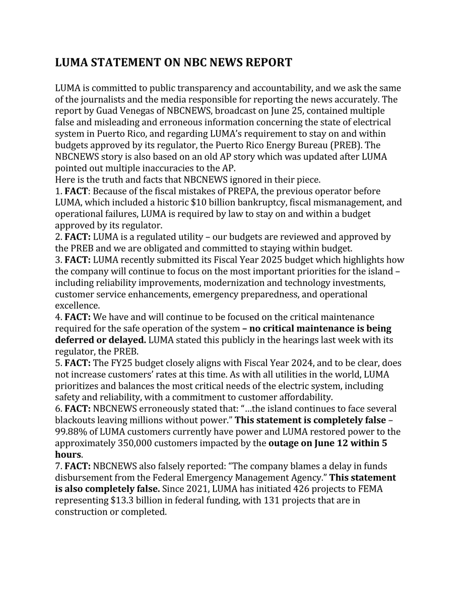 lumaenergypr's tweet photo. DECLARACIONES DE LUMA SOBRE NOTICIA DE NBC NEWS / LUMA STATEMENT ON NBC NEWS ARTICLE https://t.co/WTn7olR4f4