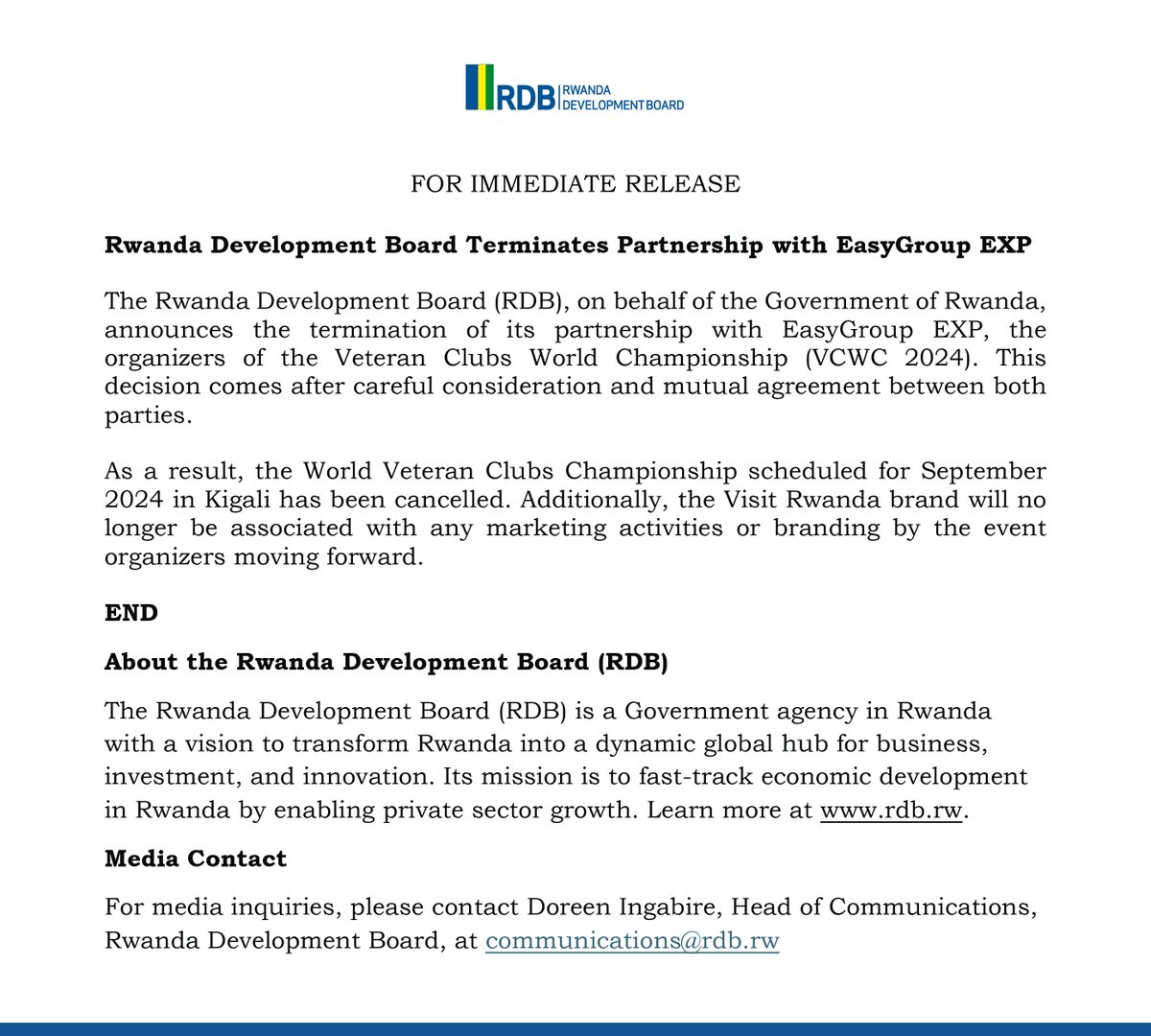 RDBrwanda's tweet image. ANNOUNCEMENT 
Rwanda Development Board Terminates Partnership with EasyGroup EXP. Read more👇