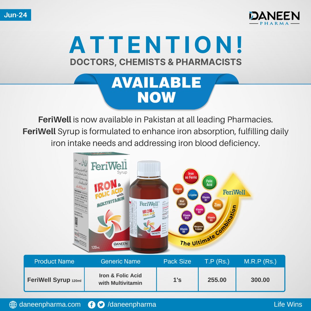 DaneenPharma's tweet photo. Attention Doctors, Chemists &amp; Pharmacists!

Daneen Pharma has launched a new product FeriWell (Iron &amp; Folic Acid with Multivitamin) Syrup in Pakistan.

Daneen Pharma
Life Wins

#FeriWell #Iron #FolicAcid #multivitamin #Zinc #MaltExtract  #Daneen #DaneenPharma #LifeWins https://t.co/0Y8PaBAmQE