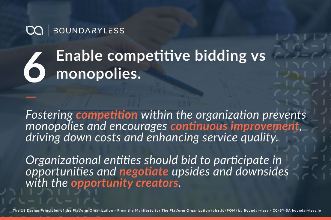 Boundaryless_'s tweet image. Principle #6: Competitive bidding vs. monopolies drives improvement and innovation. How does your org foster healthy competition? #PlatformOrg #Boundaryless buff.ly/4b7BaGJ
