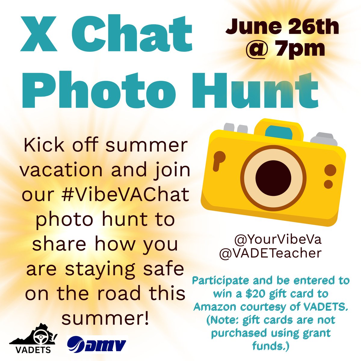YourVibeVA's tweet photo. Remind your friends to join TONIGHT's #VibeVAChat Photo Hunt (6/26) @ 7p.m. so they #ArriveAlive &amp; have a safe summer too! 🙌 #HelloSummer https://t.co/XLLDGUTXDS