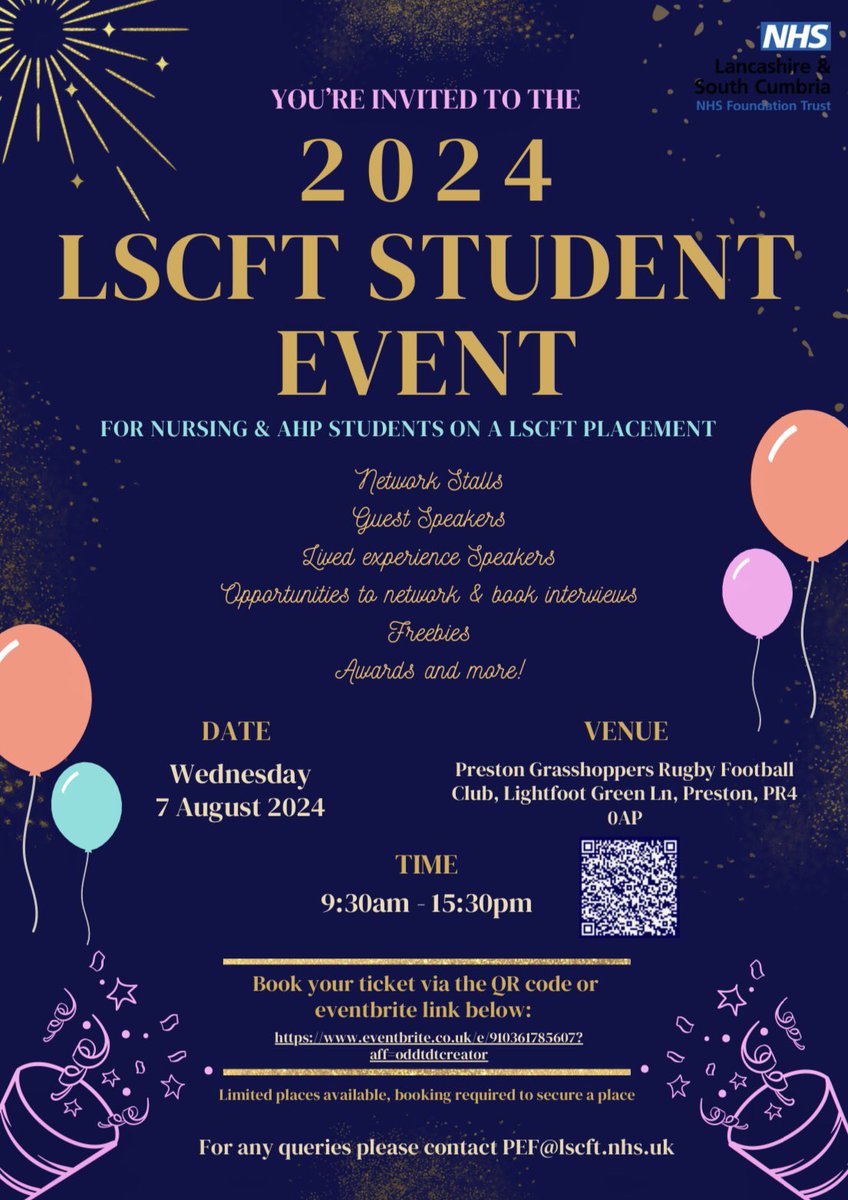 📢Attention Nursing &amp; AHP students📢 
Tickets for the next <a href="/WeAreLSCFT/">Lancashire & South Cumbria NHS Foundation Trust</a> STUDENT EVENT are now LIVE!!! 🎉 We have some brill guest speakers, stalls, awards, &amp; exciting activities lined up! 💙 BOOK NOW via the eventbrite link ⬇️ Can’t wait to see you all😊
eventbrite.co.uk/e/lscft-studen…