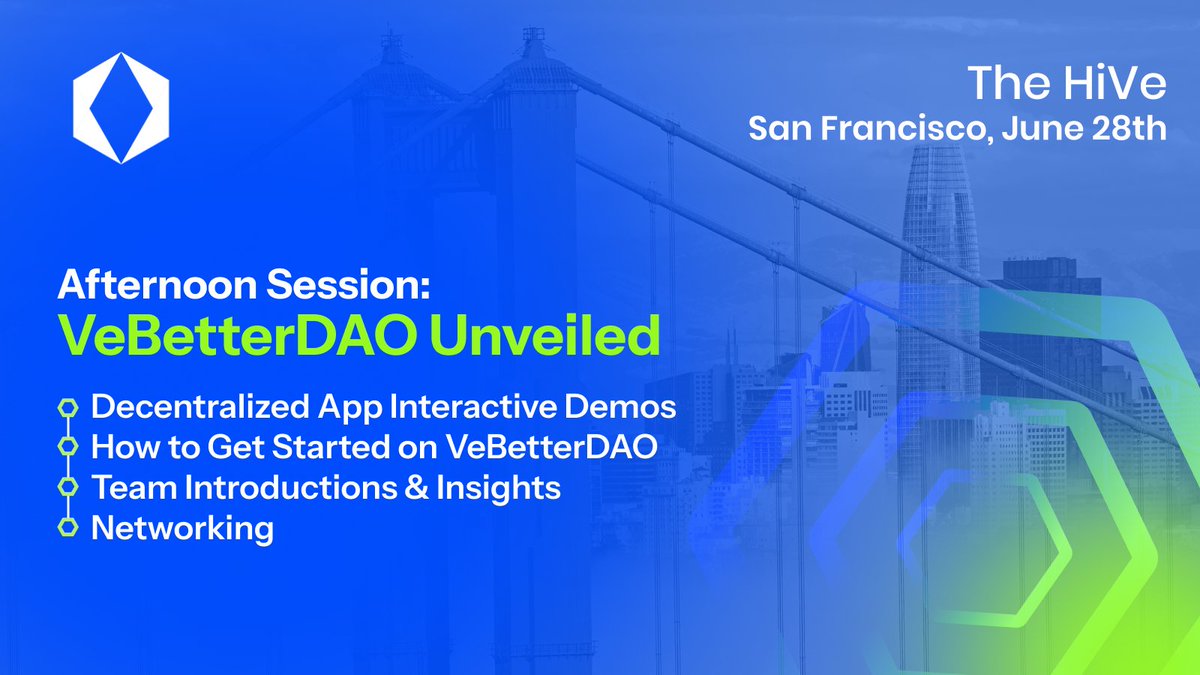 The second half of The HiVe transitions from sustainability's investment case to the platform that's delivering it - VeBetterDAO.

Topics include:

- dApp demos
- Getting started building
- Panel's sustainability generation
- Booths, merch &amp; networking

eventbrite.com/e/the-hive-sum…