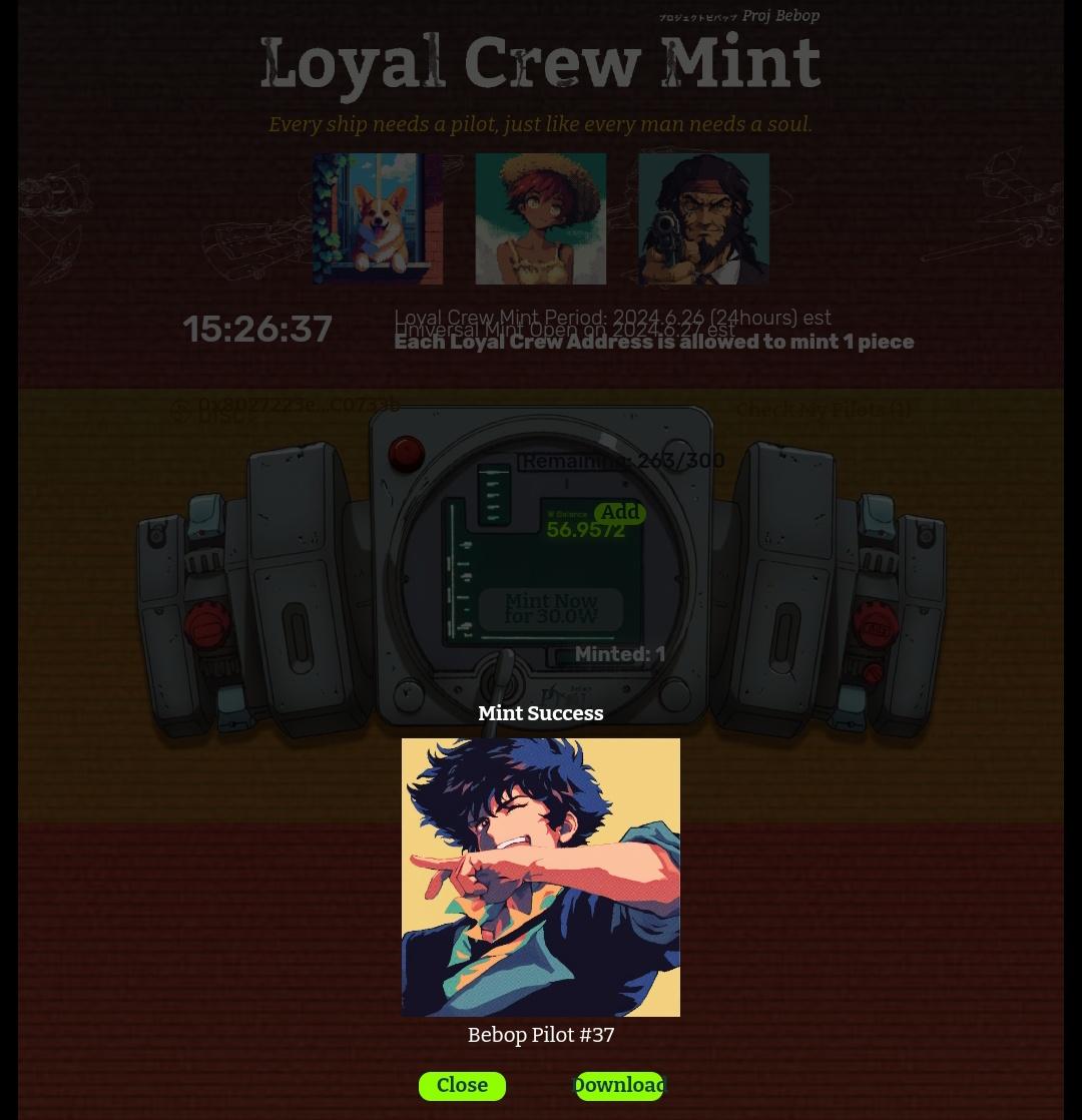 AlpharezCC's tweet photo. Dropped mine like fire, thanks to @project_bebop.

Loyal Crew Mint for Act II is now done and dusted with just 30 ￦.

Prepare with your ￦ for public mint tomorrow on https://t.co/OsjaTrXGAU

Get ￦ on @GullNetwork at https://t.co/eYyuU1jR9G

SEE YOU IN SPACE 🌌🚀 https://t.co/leJ2CKjImS
