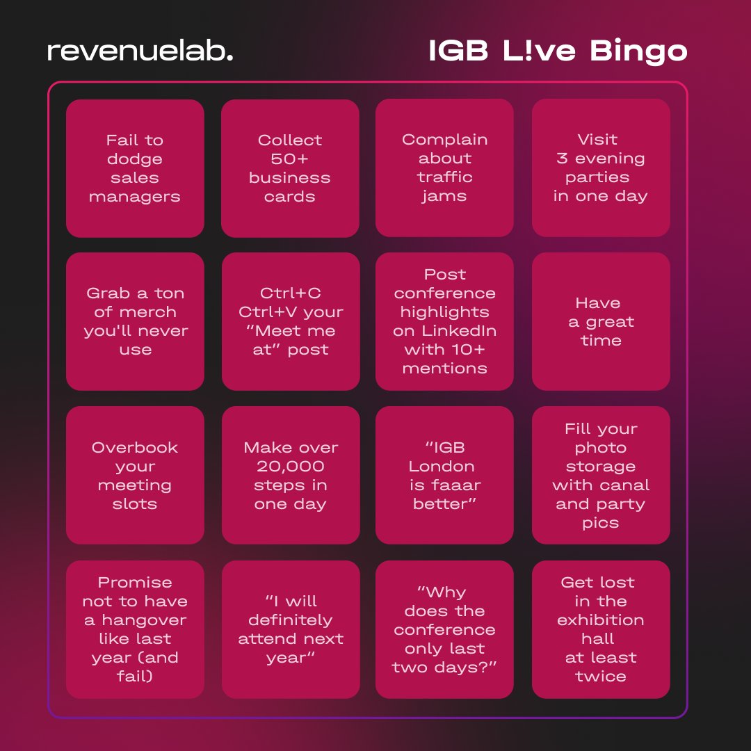 revlab_'s tweet image. 💥 Going to iGB L!ve Amsterdam 2024? Try our iGB L!ve Bingo

How many things can you cross off?

Meet RevenueLab’s team at iGB Live Amsterdam 2024! Contact our team to schedule a meeting.

#revenuelab #affiliatenetwork #affiliatemarketing #iGBL!ve