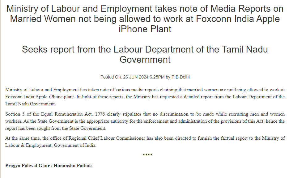 adityakalra's tweet photo. Reuters Flash: Indian government reacts to Reuters story on Foxconn rejecting married women at Apple iPhone plant in India. Seeks report from state government, says discrimination is not allowed between men and women