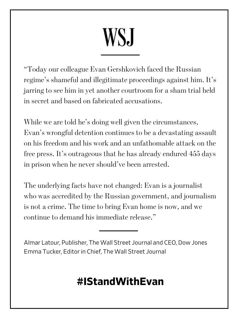 WSJ Communications (@wsjpr) on Twitter photo Today, Dow Jones CEO and Wall Street Journal Publisher Almar Latour and Wall Street Journal Editor in Chief Emma Tucker released the below statement on <a href="/WSJ/">The Wall Street Journal</a> reporter Evan Gershkovich.
Statement here: dowjones.com/press-room/jun…
#IStandWithEvan Today, Dow Jones CEO and Wall Street Journal Publisher Almar Latour and Wall Street Journal Editor in Chief Emma Tucker released the below statement on <a href="/WSJ/">The Wall Street Journal</a> reporter Evan Gershkovich.
Statement here: dowjones.com/press-room/jun…
#IStandWithEvan