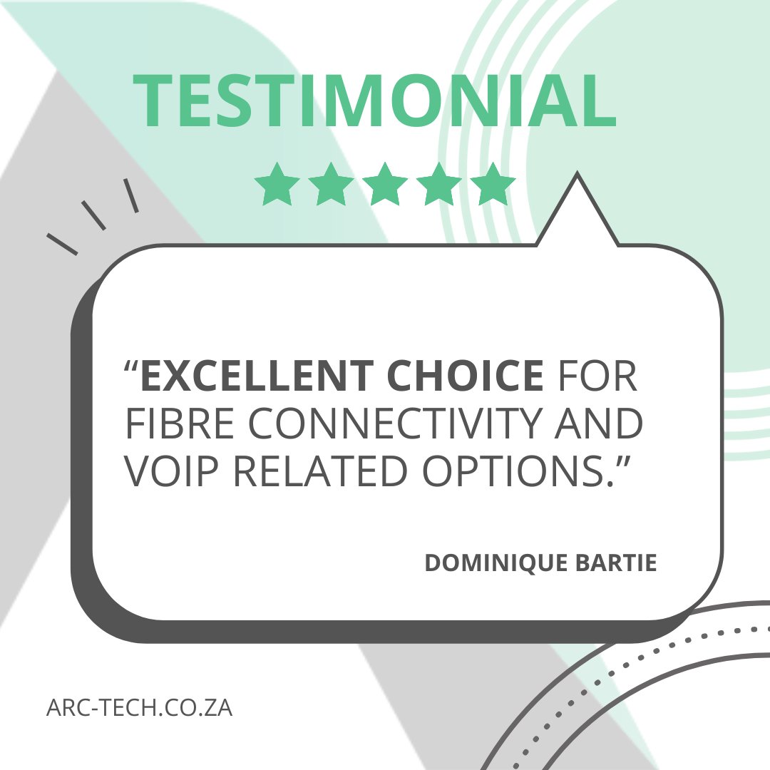 ArcTechZA's tweet photo. “Excellent choice for Fibre connectivity and Voip related options.”
- Dominique Bartie

🔎 See more reviews or write our own > https://t.co/RquLeY30X8
.
.
.
#review #testimonial #feedback #arctech #arctechnology #southafrica https://t.co/qXGV1R9aSa