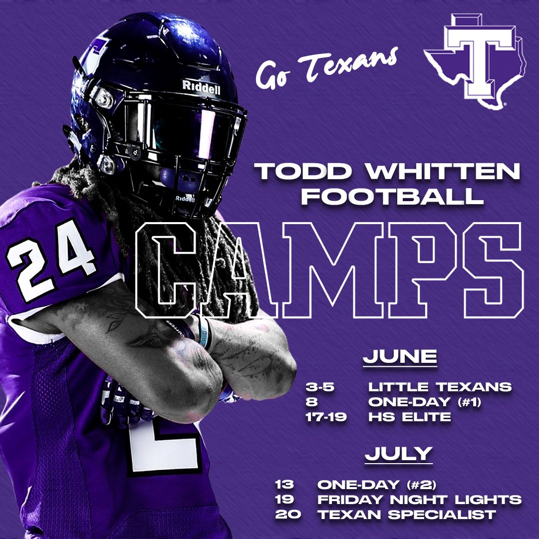 Brant Bailey (@bb33frome) on Twitter photo Don't miss a chance to come see our beautiful campus and show out for our coaching staff! <a href="/TarletonFB/">Tarleton State Football</a>
One-Day Camp II (July 13)
Friday Night Lights Camp (July 19)
Texan Specialist Camp (July 20) Don't miss a chance to come see our beautiful campus and show out for our coaching staff! <a href="/TarletonFB/">Tarleton State Football</a>
One-Day Camp II (July 13)
Friday Night Lights Camp (July 19)
Texan Specialist Camp (July 20)