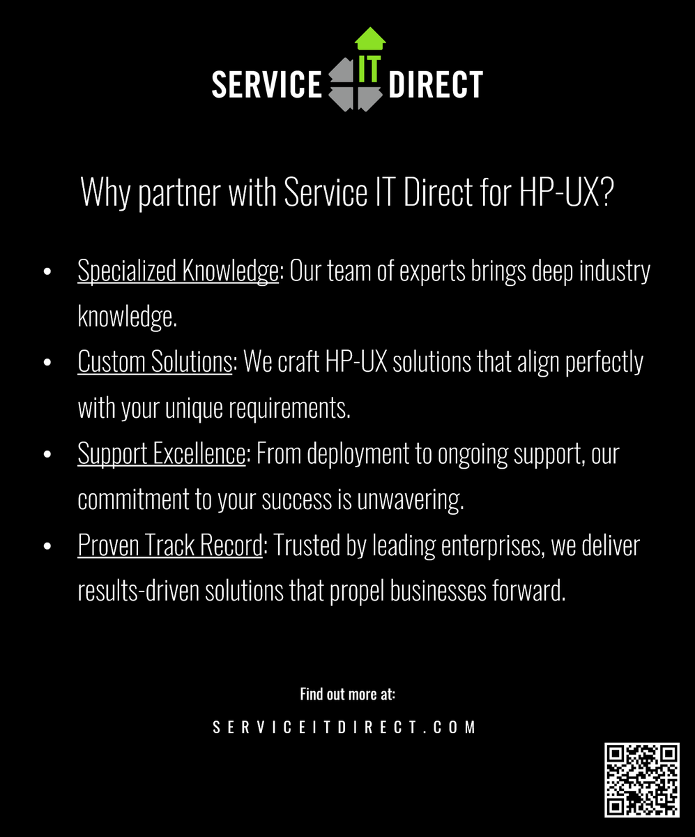ServiceITDirect's tweet image. Service IT Direct has the  best HP-UX Support in the industry!  Reach out to find out how we can  help you, or go to our website to learn more: Serviceitdirect.com
#HPUX #HPE #Softwaresupport 
Service IT Direct