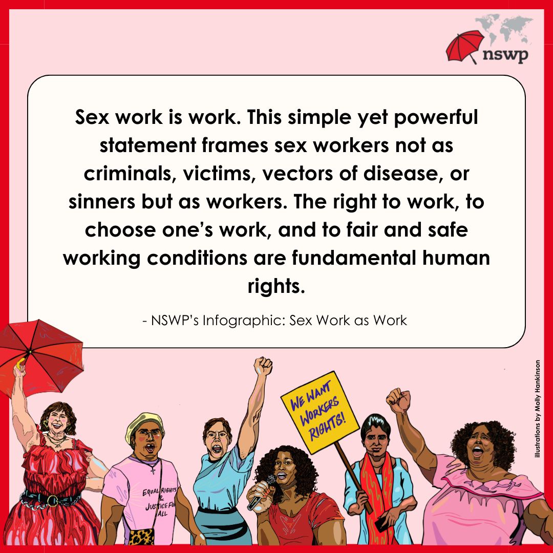 Sex work is work. The right to work, to choose one's work, and to fair and safe working conditions are fundamental human rights. #WeAreNotProstituted #SexWorkIsWork 

Read <a href="/GlobalSexWork/">NSWP</a>'s policy brief here: buff.ly/4bmp0t9