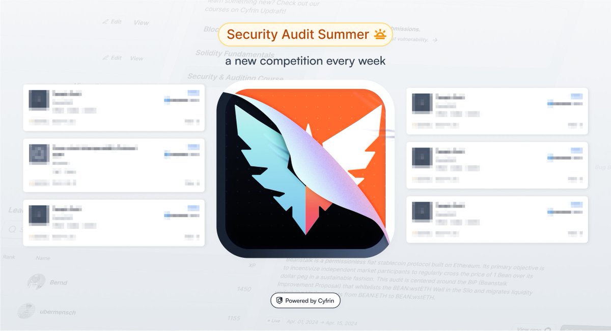 Join the fun with CodeHawks' Security Audit Summer 😎

New auditing competitions every week in July to:
- Level-up your skills
- Climb the leaderboard
- Secure leading protocols
- Earn rewards 💰

Security Audit Summer starts next Tuesday, tomorrow we share the first competition.