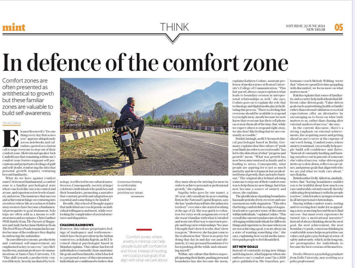 Devika (@_devikaoberai) on Twitter photo Does staying in your comfort zone always restrict growth and development? For the Saturday edition of <a href="/Mint_Lounge/">Mint Lounge</a>, I write about why comfort zones might actually be useful: livemint.com/mint-lounge/id… Does staying in your comfort zone always restrict growth and development? For the Saturday edition of <a href="/Mint_Lounge/">Mint Lounge</a>, I write about why comfort zones might actually be useful: livemint.com/mint-lounge/id…