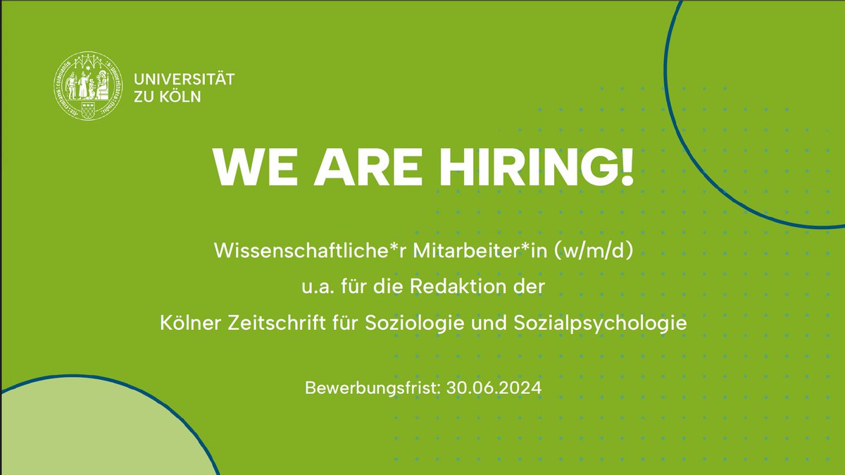 🆕Wir suchen Verstärkung am Institut für Soziologie und Sozialpsychologie! 

Wissenschaftliche*r Mitarbeiter*in, ab 01.10.2024, TV-L 13, 100%, zunächst befristet auf 3 Jahre (mit Option zur Verlängerung)

Weitere Informationen: 
👉uni.koeln/UA4LE

#jobs #stellenangebote