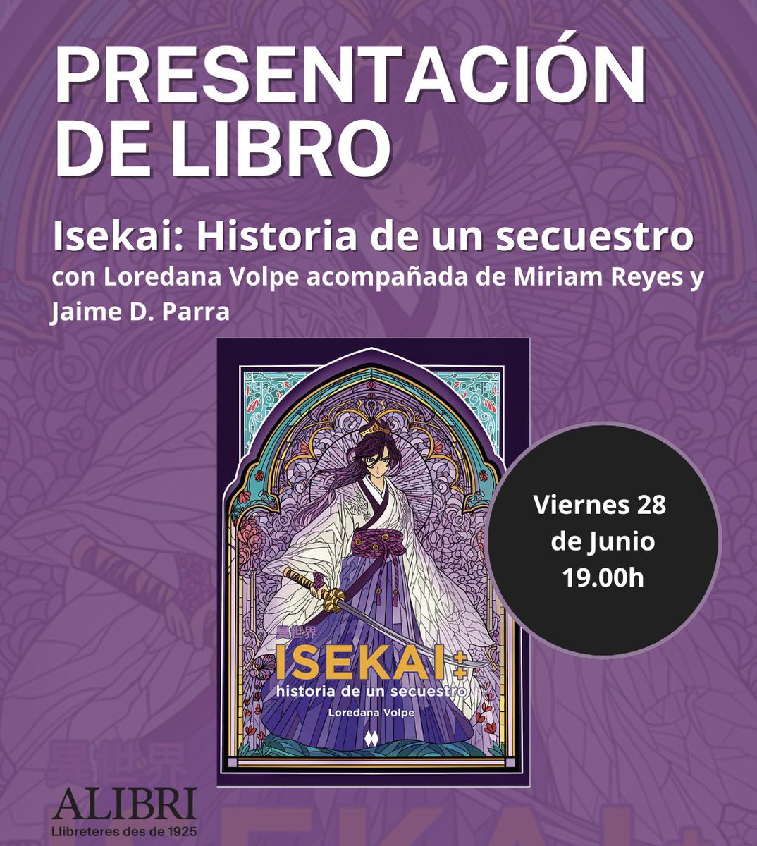 Loredana Volpe (@loredanavolpe) on Twitter photo ⛩️💜 Este viernes 28, a las 19h, presentamos la edición ilustrada de ‘Isekai: historia de un secuestro’, en <a href="/LibreriaALIBRI/">ALIBRI LLIBRERIA</a>, junto con la poeta Miriam Reyes y Jaime D. Parra, cuyo espectáculo se estrenó este año en <a href="/elTantarantana/">Teatre Tantarantana</a> ~ Espero que podamos reunirnos por allá. ✨ ⛩️💜 Este viernes 28, a las 19h, presentamos la edición ilustrada de ‘Isekai: historia de un secuestro’, en <a href="/LibreriaALIBRI/">ALIBRI LLIBRERIA</a>, junto con la poeta Miriam Reyes y Jaime D. Parra, cuyo espectáculo se estrenó este año en <a href="/elTantarantana/">Teatre Tantarantana</a> ~ Espero que podamos reunirnos por allá. ✨
