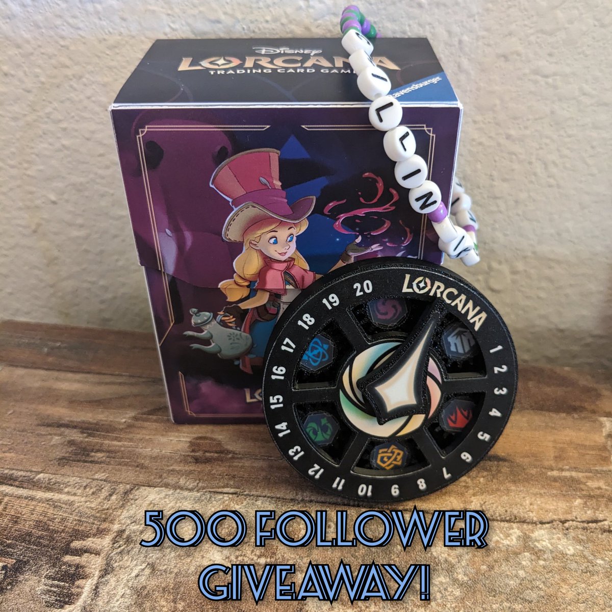 To celebrate hitting 500 followers 🥳 I am giving away this Alice Tea Alchemist deck box, dial lore counter from <a href="/CalorelCo/">Cait</a>  and of course a custom bracelet! To enter- like, follow, and comment below what you would have your bracelet say. Giveaway ends 6/3.