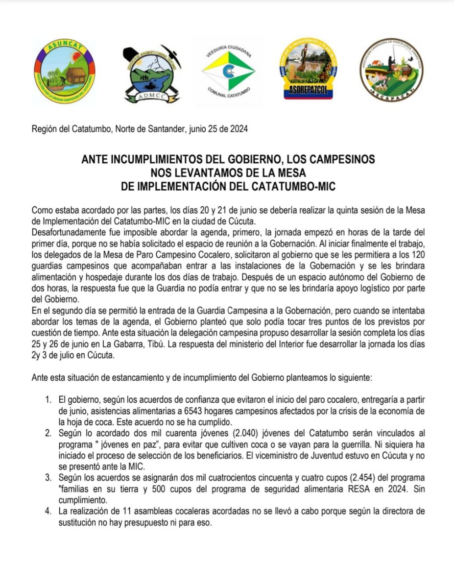 CesarJerezM's tweet photo. Campesinos cocaleros del Catatumbo se levantan de la Mesa de Implementación - MIC, por incumplimiento de los acuerdos de confianza por parte del Gobierno. Anuncian movilizaciones. #ParoNacionalCampesino 7J https://t.co/tIjRy77QdO