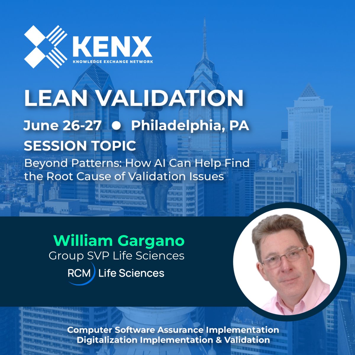 RCMT_Solutions's tweet photo. Be sure to join us at KENX Lean Validation tomorrow at 10:20am to hear William Gargano, Group SVP of Life Sciences speak on how AI can help find the root causes of validation issues. 

#Leanvalidation #TeamRCM #Lifesciences #AI #csa #ml #digitalization https://t.co/spxhzHYqUB