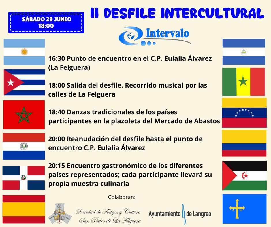 Asoc_Intervalo's tweet photo. Os invitamos a participar en el II Desfile Intercultural que tendrá lugar este sábado 29 de junio desde las 18:00, dentro de las actividades de las fiestas patronales de San Pedro. Al finalizar, tendremos un encuentro gastronómico en el C.P. Eulalia Álvarez. ¡¡¡Os esperamos!!! https://t.co/vn6A3J0Kok
