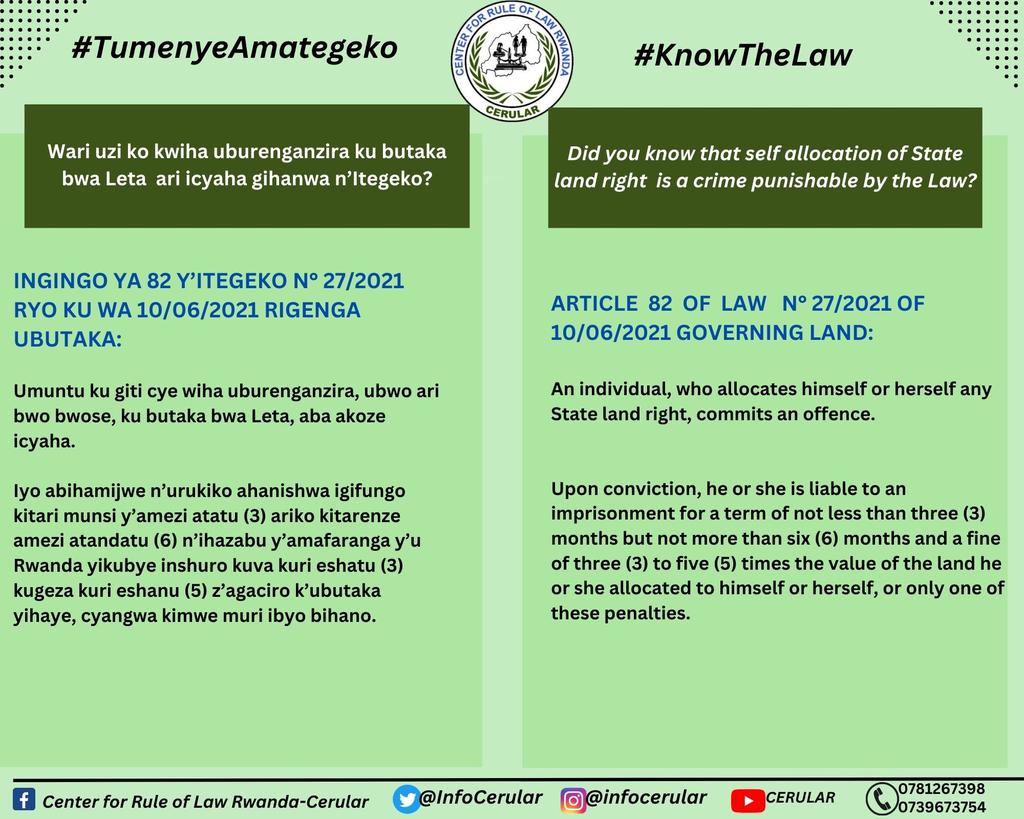 🇷🇼Wari uzi ko kwiha uburenganzira ku butaka bwa Leta  ari icyaha gihanwa n’Itegeko?
___________
🏴󠁧󠁢󠁥󠁮󠁧󠁿Did you know that self allocation of State land right  is a crime punishable by the Law?

<a href="/InfoCerular/">Cerular</a> <a href="/RwandaParliamnt/">Rwanda Parliament</a>