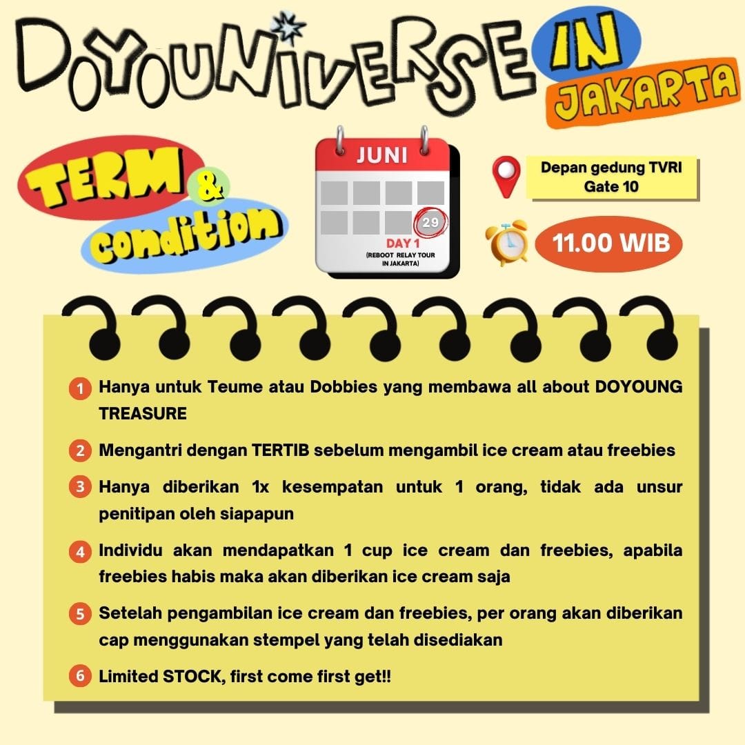 ୨୧ 𝐃𝐎𝐘𝐎𝐔𝐍𝐈𝐕𝐄𝐑𝐒𝐄 ୨୧

𝗜𝗰𝗲 𝗖𝗿𝗲𝗮𝗺 𝗖𝗮𝗿𝘁 𝗳𝗼𝗿 𝗧𝗲𝘂𝗺𝗲 &amp; 𝗗𝗼𝗯𝗯𝗶𝗲𝘀! 🍦 

Siapa nih yang udah gak sabar untuk antre ice cream? 🤩 
Berikut kami cantumkan TnC pengambilan ice cream. Dimohon untuk jaga ketertiban yaa guys! See you ❤️

#DOYOUNIVERSEinJKT
