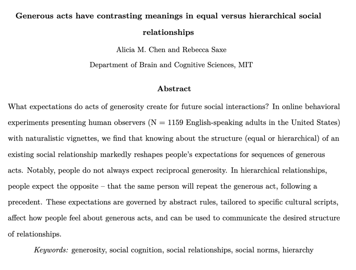 Alicia Chen (@aliciamchen) on Twitter photo I'm excited to share this new preprint with <a href="/rebecca_saxe/">Rebecca Saxe</a>: We find that knowing about an existing social relationship can drastically change people’s expectations and evaluations of generosity. (1/11)
📄osf.io/preprints/psya… I'm excited to share this new preprint with <a href="/rebecca_saxe/">Rebecca Saxe</a>: We find that knowing about an existing social relationship can drastically change people’s expectations and evaluations of generosity. (1/11)
📄osf.io/preprints/psya…