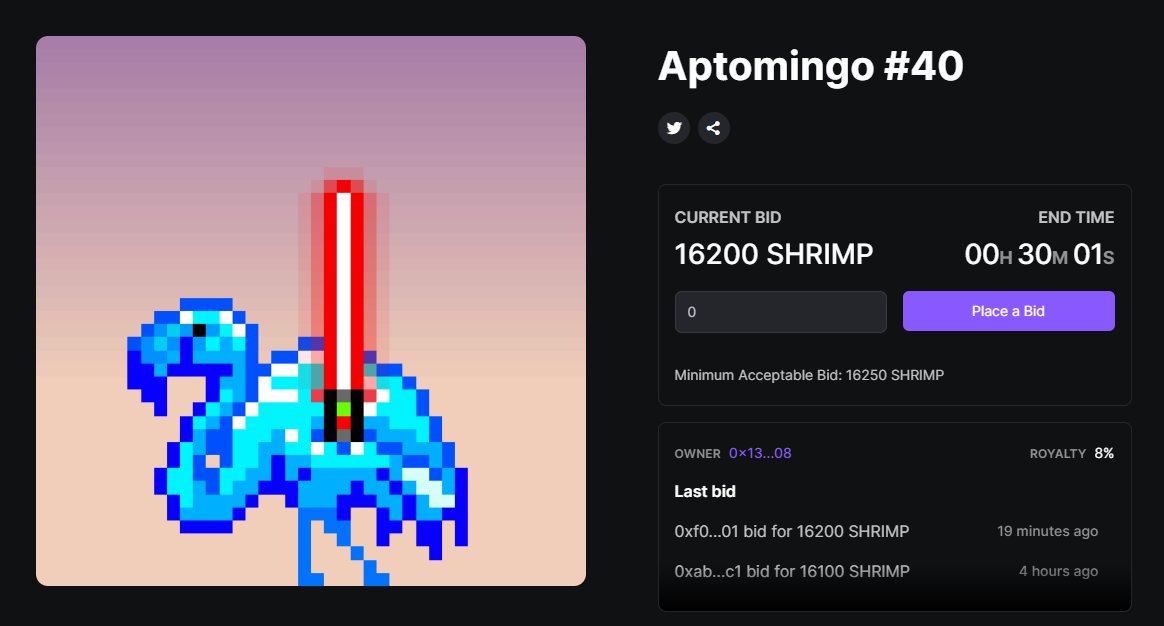 30 minutes remaining on the auctions! 🥵

Bid here: launchpad.wapal.io/auctions/aptom…

The current bid is 16,200 SHRIMP (~$278)!

If you've ever dreamed of owning an Aptomingo, this might be your chance!

But if you're not available today, don't worry, there will be plenty more to come in