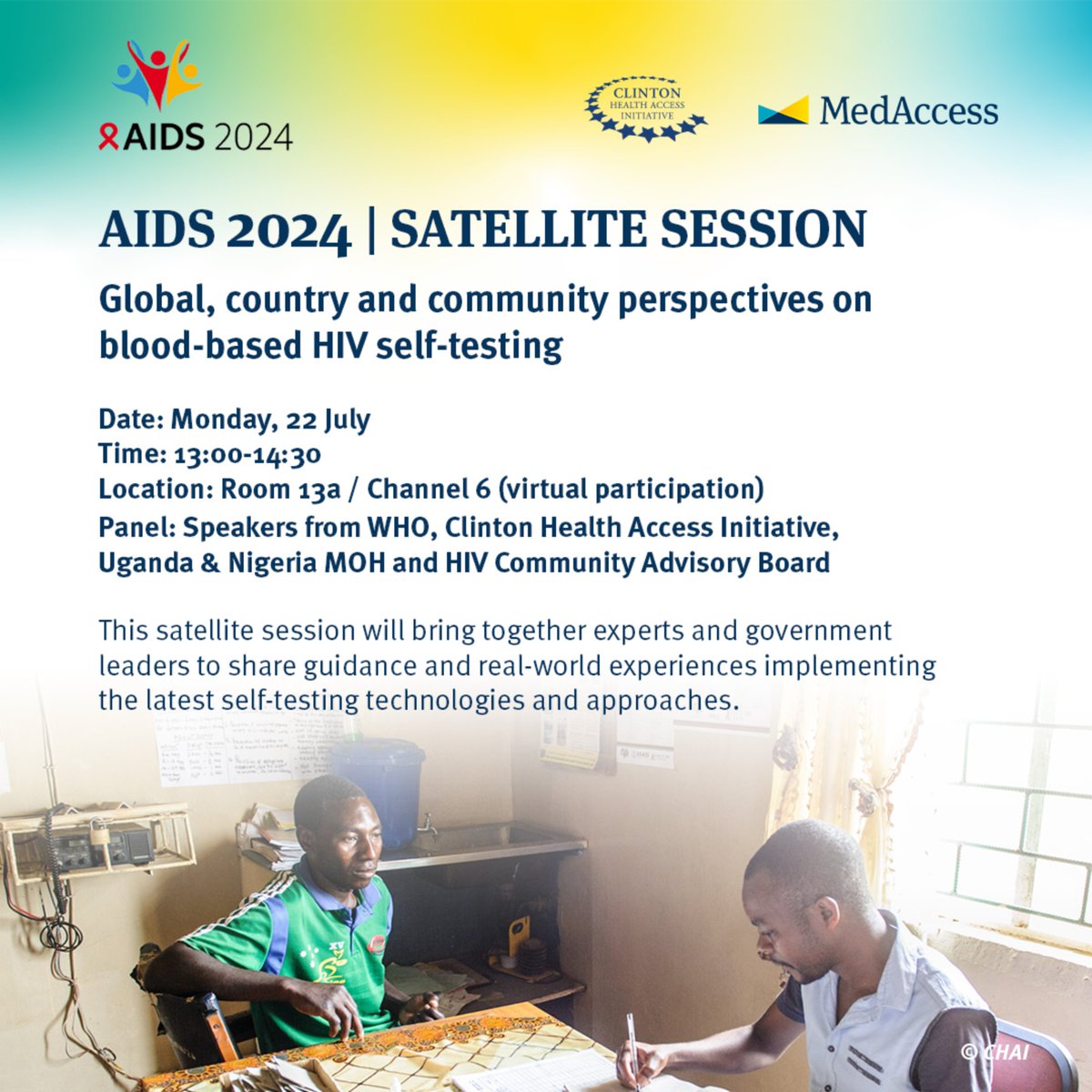 Save the date! We will be hosting a satellite session alongside <a href="/CHAI_health/">CHAI</a> at the <a href="/iasociety/">IAS - the International AIDS Society</a>'s #AIDS2024 conference in Munich.

🩸 Global, country and community perspectives on blood-based #HIV self-testing
📅 Monday, 22 July
🕐 13:00-14:30

Learn more: programme.aids2024.org/Programme/Sess…