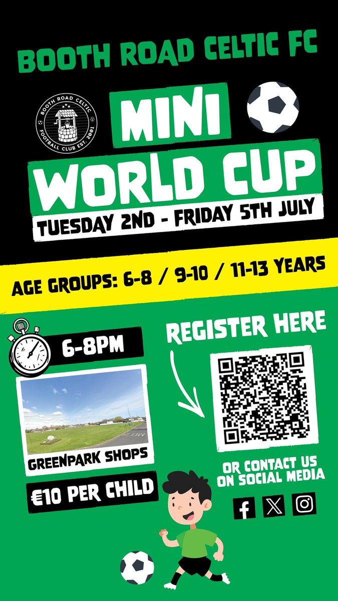 Club Mini World Cup for ages 6-13 next Tuesday to Friday nights from 6-8pm.  

This is open to all members and non members 

Early Registration is required so parents can click on the enclosed link to register 

The link is as follows :

forms.gle/pWG654LrYavQMf…