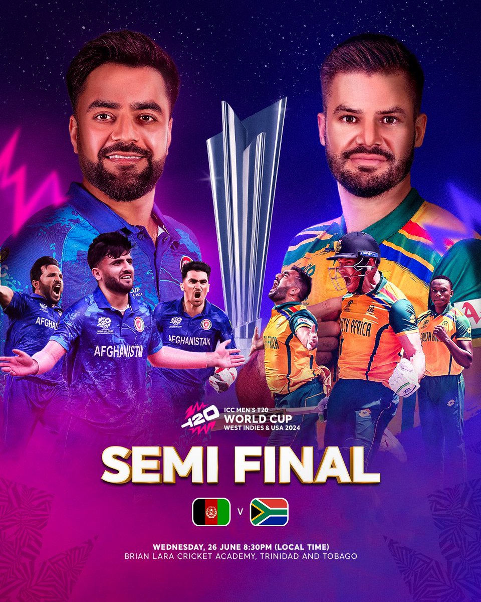 ICC's tweet photo. A mouth-watering contest 🇿🇦 🇦🇫

Who will make their first ever men's #T20WorldCup final? 🤔 https://t.co/23tXWhZfse