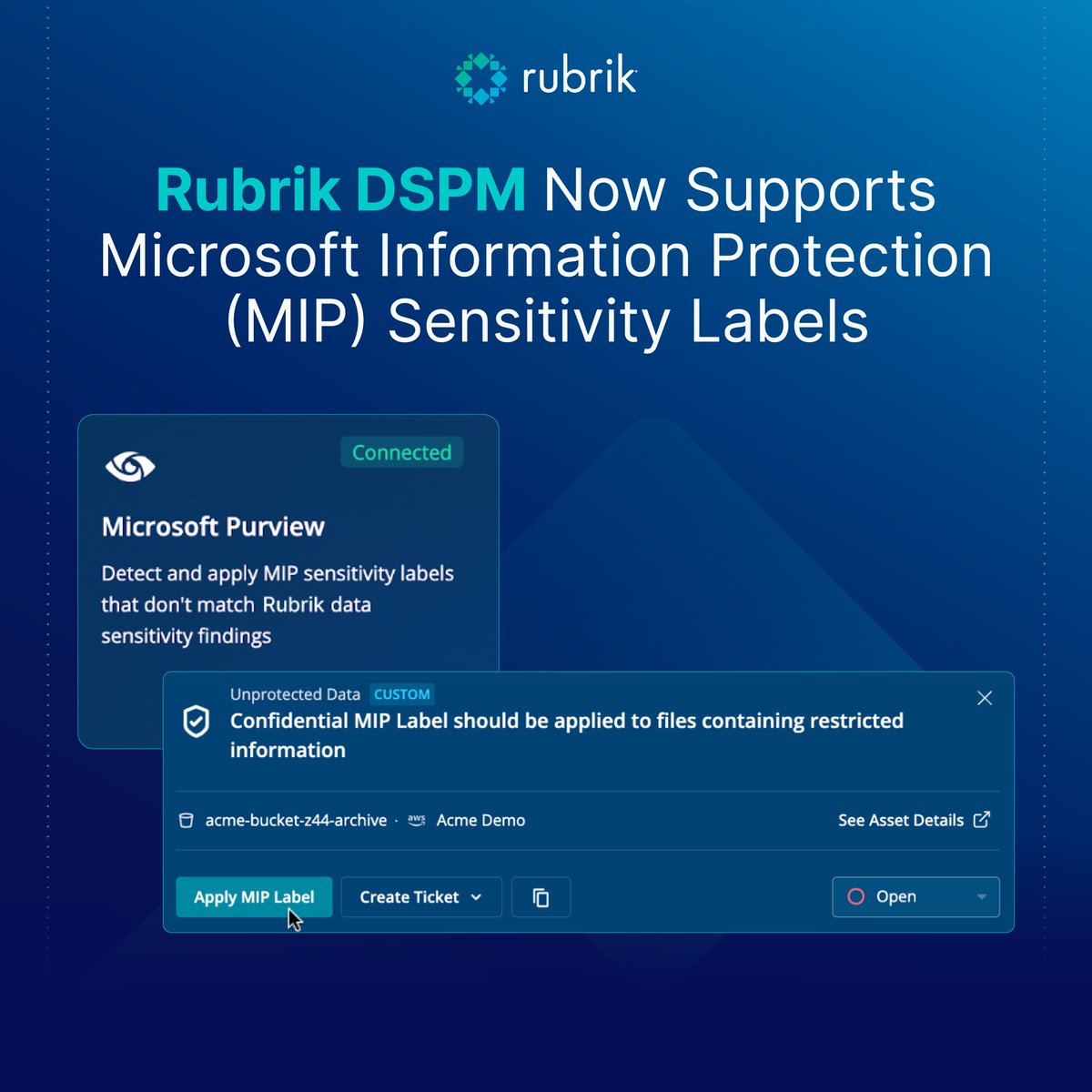 Excited for this launch! <a href="/RubrikInc/">Rubrik</a> #DSPM’s MIP integration enables organizations to find mislabeled or unlabeled #data and apply MIP labels to files outside of your <a href="/Microsoft/">Microsoft</a> ecosystem, such as files stored on <a href="/AWSCloud/">Amazon Web Services</a> S3. rbrk.co/3RGFp4q