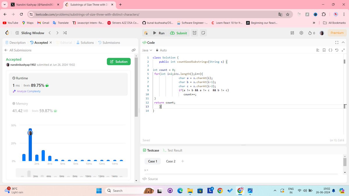 Nandini90386532's tweet photo. hello all! it is day 21 of #30daysofleetcode #30daysofdsa
here's the problemπ:-
Substrings of Size Three with Distinct Characters
#connect #leetcode #java #dsa #problemsolving #logicbuilding https://t.co/QNxitmVgh9