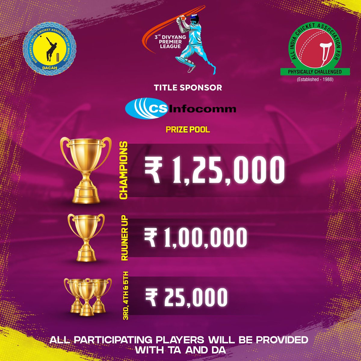 dplt20league's tweet photo. PRIZE POOL TO ENCOURAGE OUR SPECIAL WARRIORS 📆🏏

Get ready for the biggest event in Divyang cricket – the Divyang Premier League Season 3, taking place from June 27 to 30, 2024, in Sonipat, Haryana. 

Stay tuned for more updates!

#AICAPC #DivyangPremierLeague #DPL #Season3 https://t.co/VyLkCkLLxO