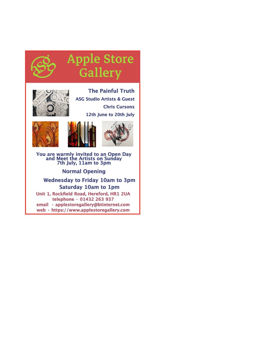 The  Painful Truth continues (no, not election fever!). An exhibition of 3D  works by Chris Cursons with contributions from our studio artists. We're  having an Open Day on Sunday 7th July, 11am to 3pm. Invitation  attached.