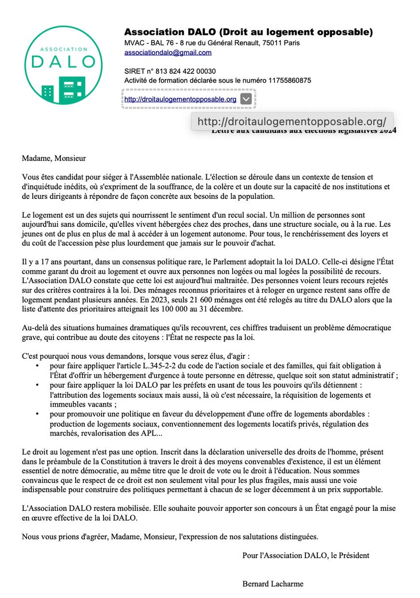 « Le droit au logement n'est pas une option. »
L'Asso DALO écrit aux candidats aux élections législatives.