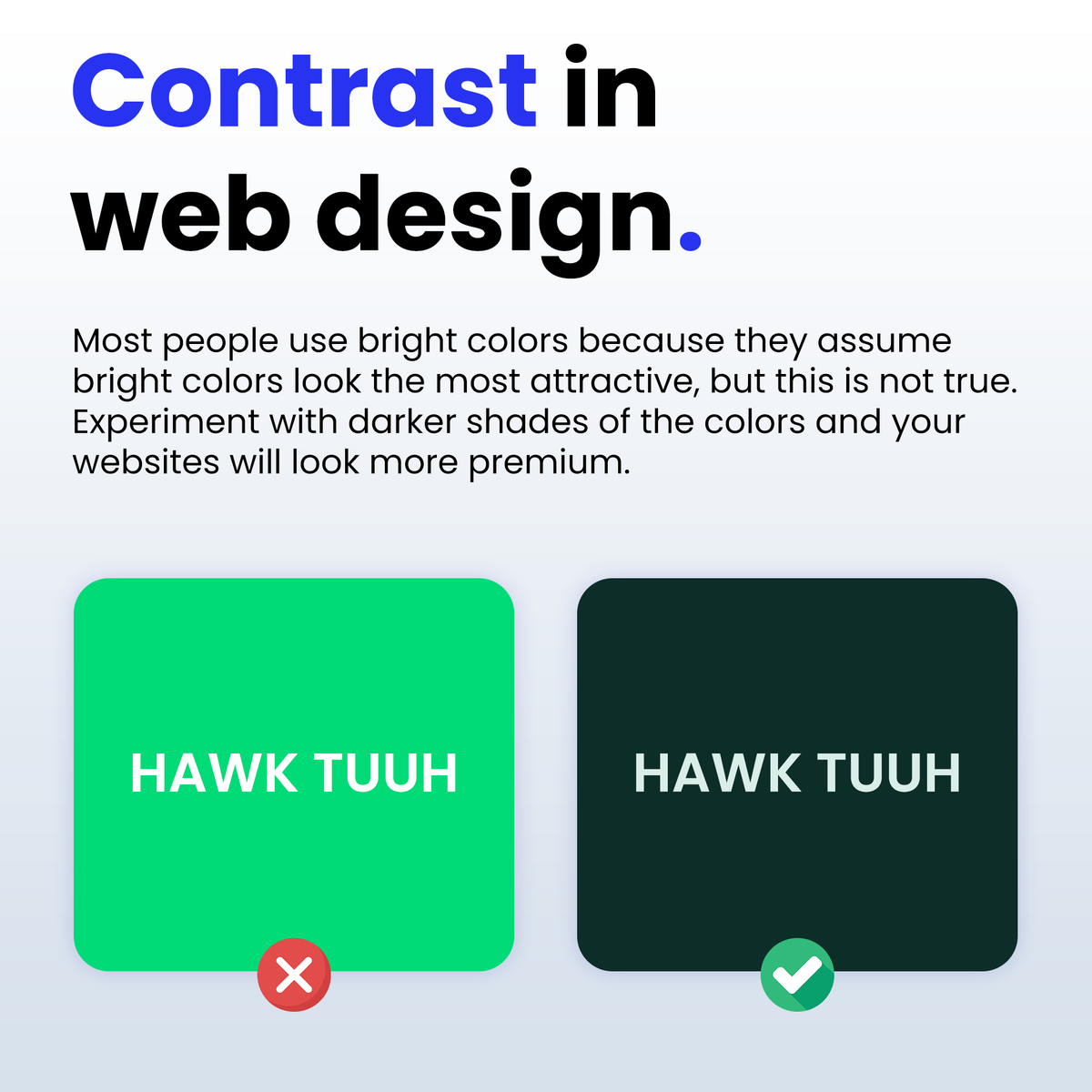 WizofWebDesign's tweet photo. CONTRAST IN WEB DESIGN:

Most people use bright colors because they assume bright colors look the most attractive, but this is not true🚩

Experiment with darker shades of the colors and your websites will start to look modern and premium! https://t.co/QNaOyl5Aja