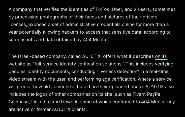 New from 404 Media: the ID verification service for TikTok, Uber, X, and many more tech companies exposed real peoples' driver licenses. As we move towards an internet forcing us to verify our identities, shows these companies will absolutely be targeted 404media.co/id-verificatio…