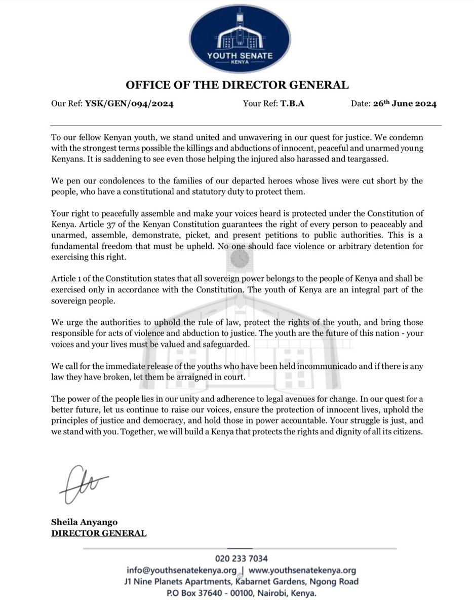 YouthSenateKE's tweet image. In our quest for a better future, let us continue to raise our voices, ensure the protection of innocent lives, uphold the principles of justice and democracy, and hold those in power accountable.

#REJECTFİNANCEBILLKENYA2024
#RIPComrades