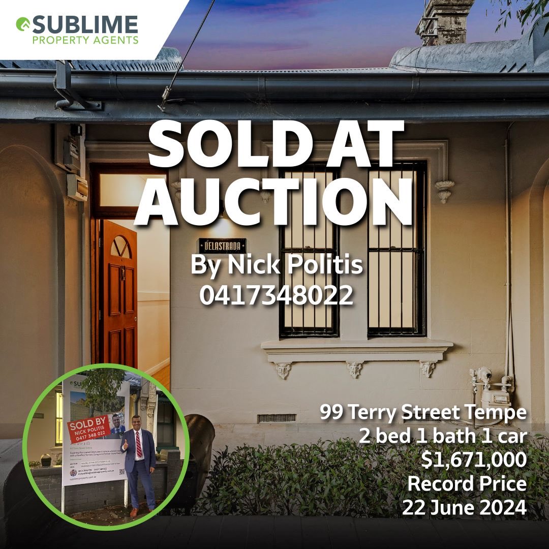 Nick__Politis's tweet photo. Just Sold at Auction 99 Terry Street Tempe for a Record Price of $1,671,000. 
Street record price and the highest price for a 2 bed property in Tempe in 2024 and the 3rd highest price ever for a 2 bed property in Tempe.THINKING OF SELLING? Call Nick 0417348022 for the best price. https://t.co/rmGuyGQyXS