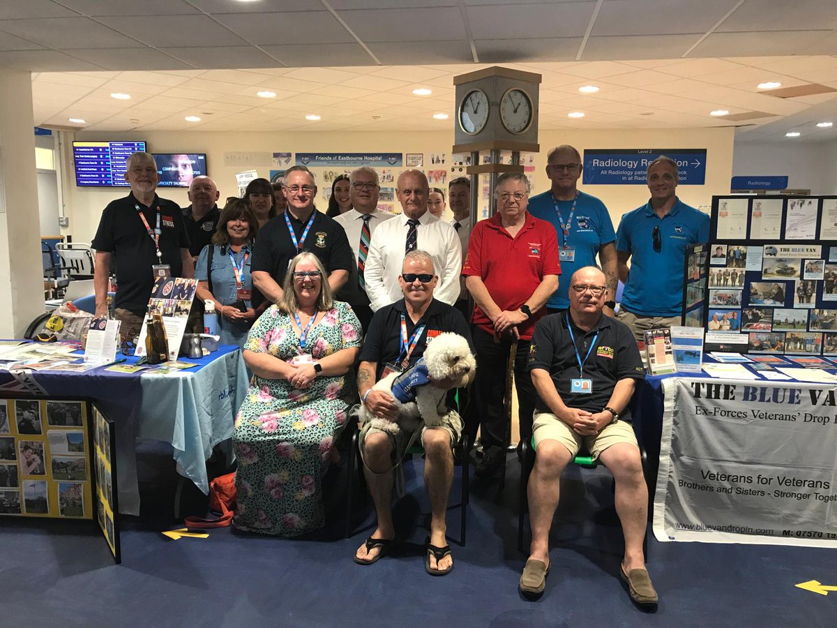 SussexAFN's tweet photo. Great drop in event for patients & staff at @ESHTNHS Eastbourne DG Hospital today. Recognising the Trust's recent ERS Silver Award & celebrating #ArmedForcesWeek. Fab to see @256MMR especially as it's #ReservesDay ! Also reps from #BlueVan Drop in & charities @CombatStress 👍 https://t.co/K4kz6x5cDp